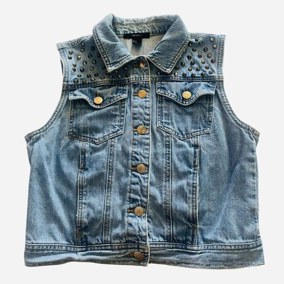 Forever 21 Women’s Large Embellished Distressed Light Wash Denim Vest - Picture 1 of 12